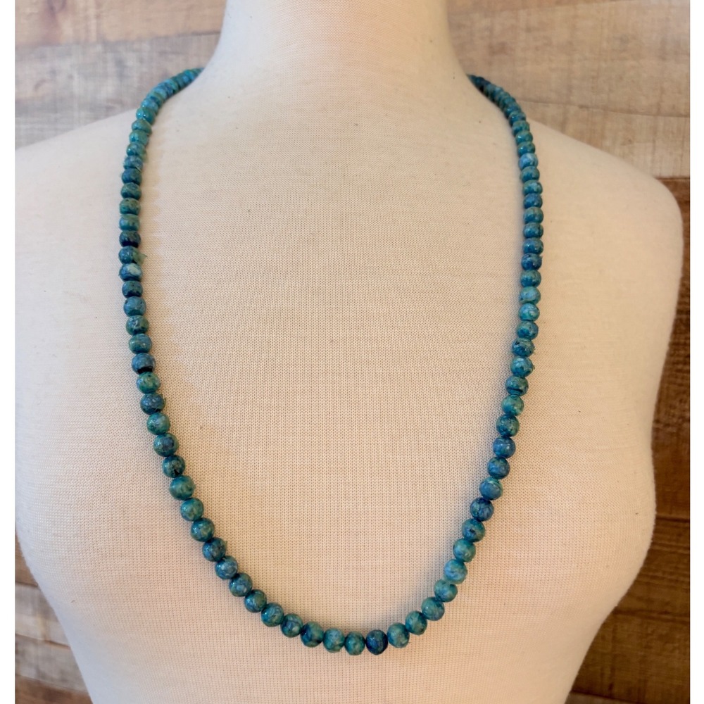Blue Green Mottled Stone Beaded Necklace Hand Knotted 32 Inch Long Strand